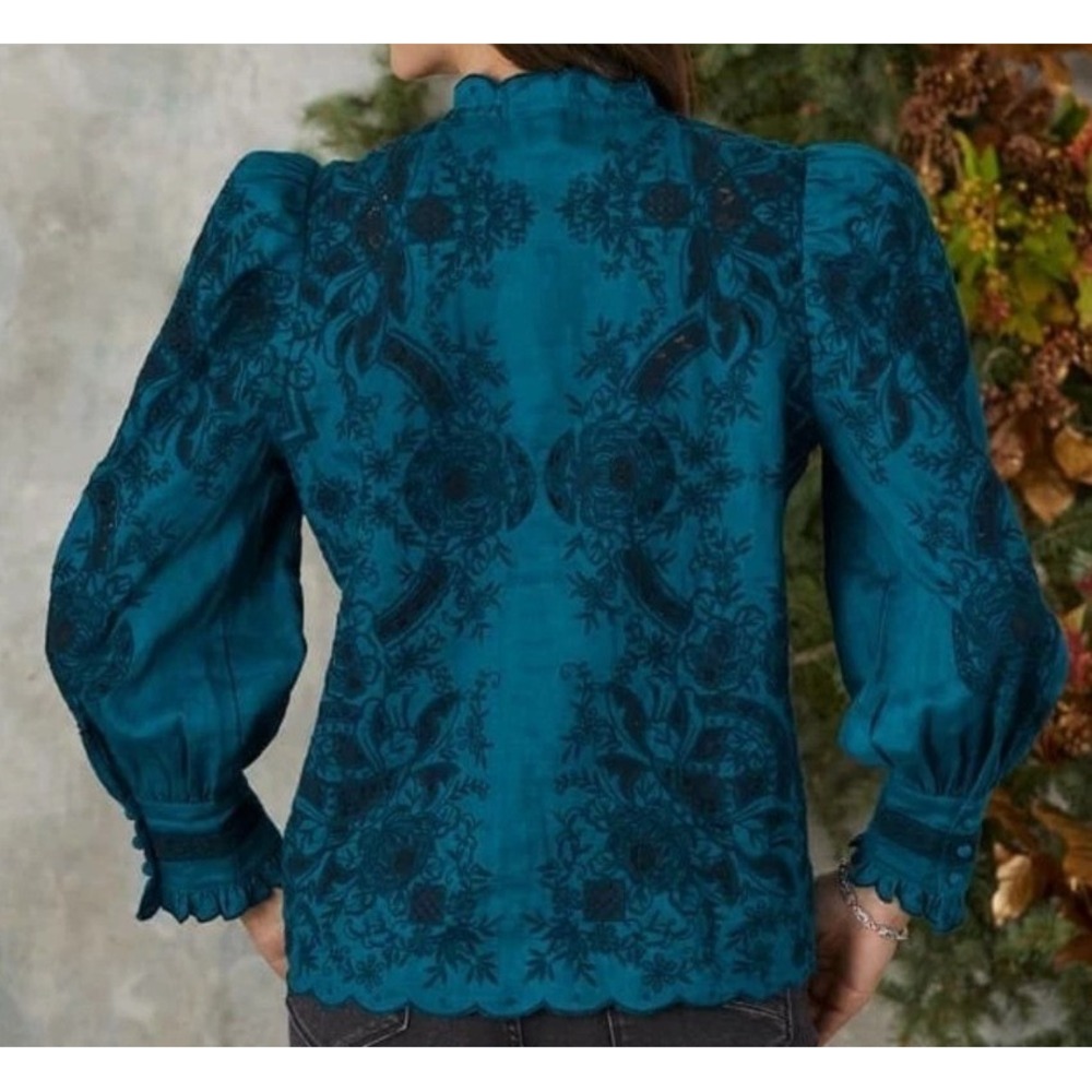 Sundance Top NWT Large Blue Floral Lace Embroidered Eyelet Blouse Whimsygoth - Picture 5 of 16